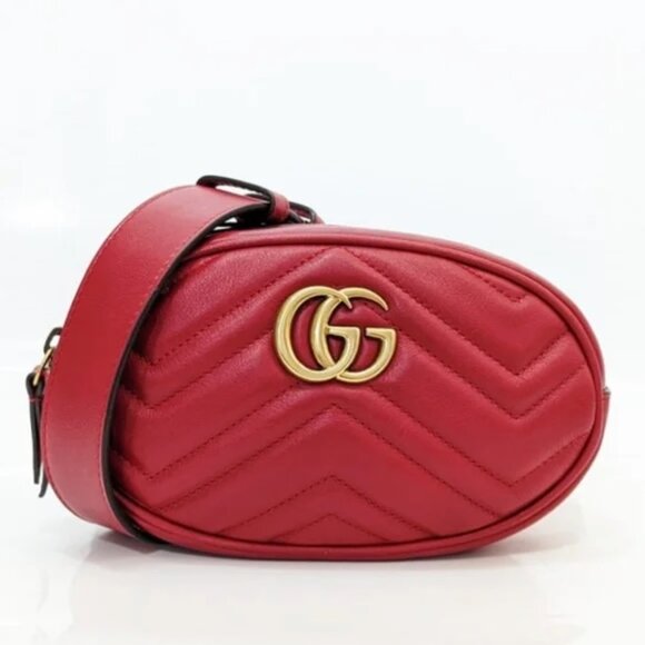 Authentic Gucci GG Marmont Belt Bag Matelasse Red Leather Waist Pouch Gucci - Picture 1 of 13